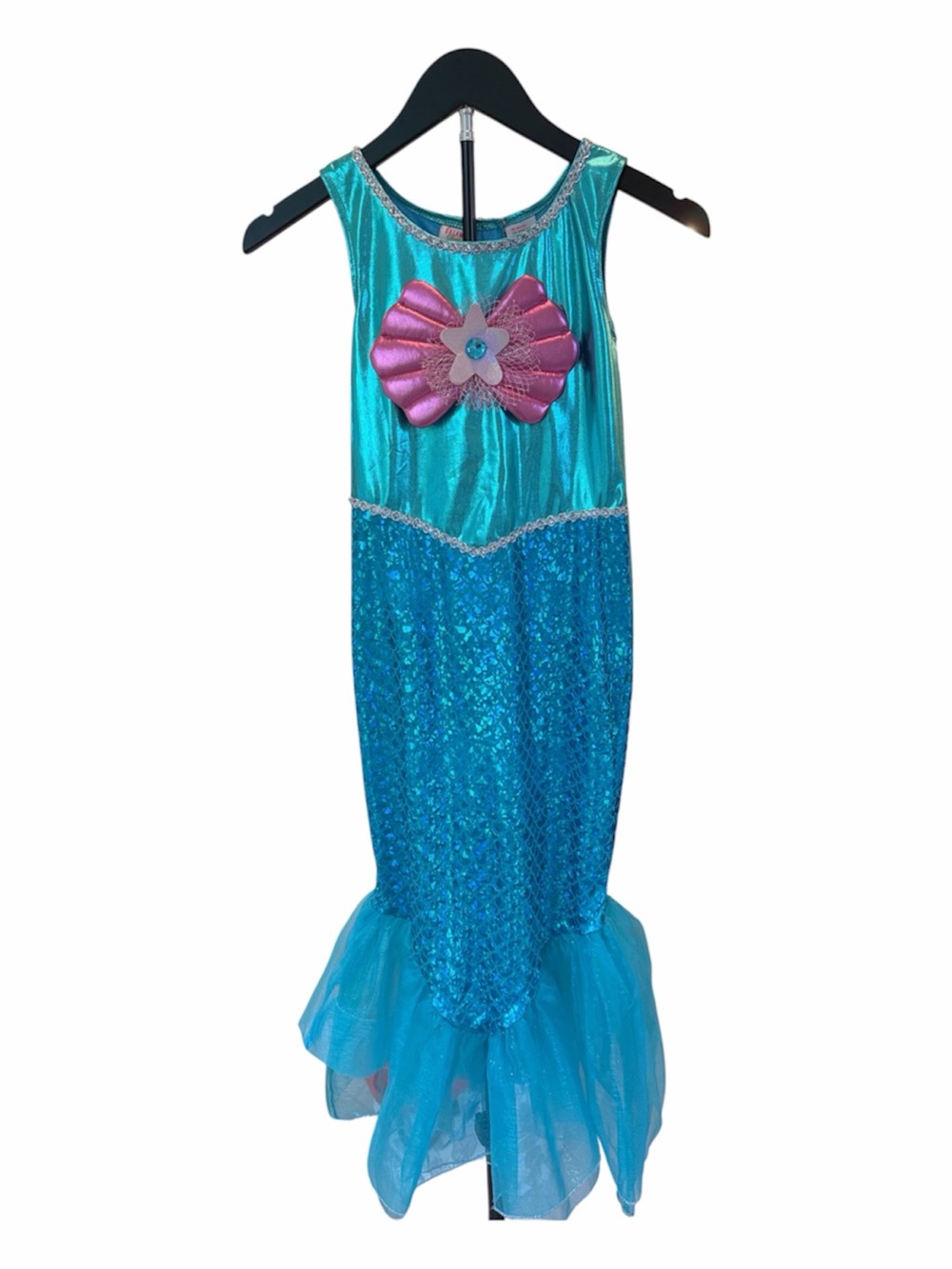 Girl’s Halloween Sparkling Mermaid Costume Dress w Pink Shell Accent - Teal/Blue